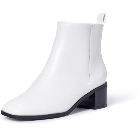 Genshuo Ankle Boot Women Size (6-10) White Polyurethane Zipper Heeled Square Toe - Picture 1 of 9